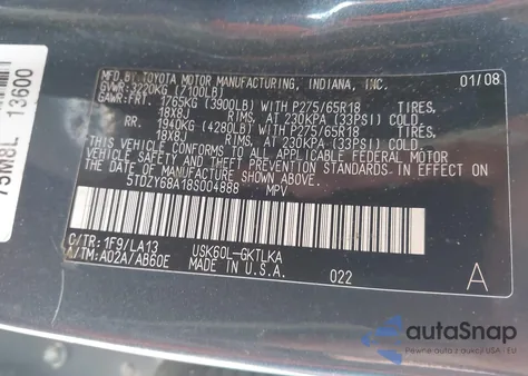 2008 Toyota Sequoia Limited из США, поврежденный, VIN 5TDZY68A18S004888